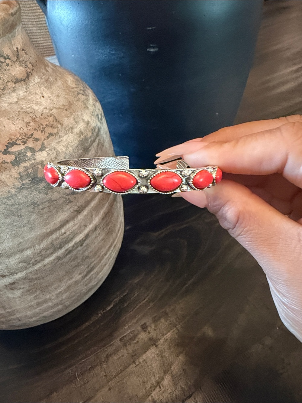 Coral Stone Silver-Tone Cuff Bracelet